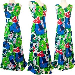 Vintage Bold Floral Print Stretch Knit California Girl Maxi Gown Mod Sun Dress
